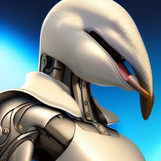 Prompt: very very beautiful cybernetic bottlenose dolphin bust profile picture, male anthropomorphic android design, bulbous beak, side profile shot, commission on FurAffinity, digital art, unreal engine