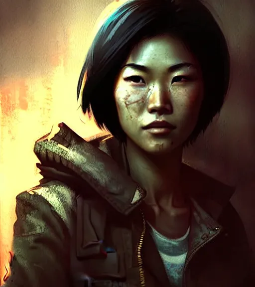 Image similar to fallout 5, charismatic beautiful rugged asian female protagonist, portrait, outdoors in a dilapidated tokyo back alley, atmospheric lighting, painted, intricate, volumetric lighting, daytime, autumn, fog, sharp focus, ultra detailed, art by william turner and ross tran