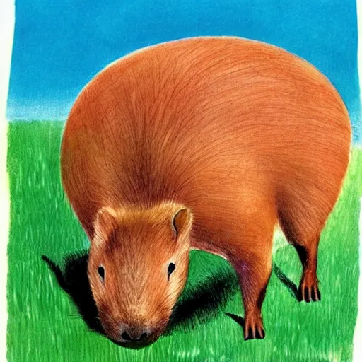 Image similar to eric carle illustration of a capybara, high quality, ultra detailed