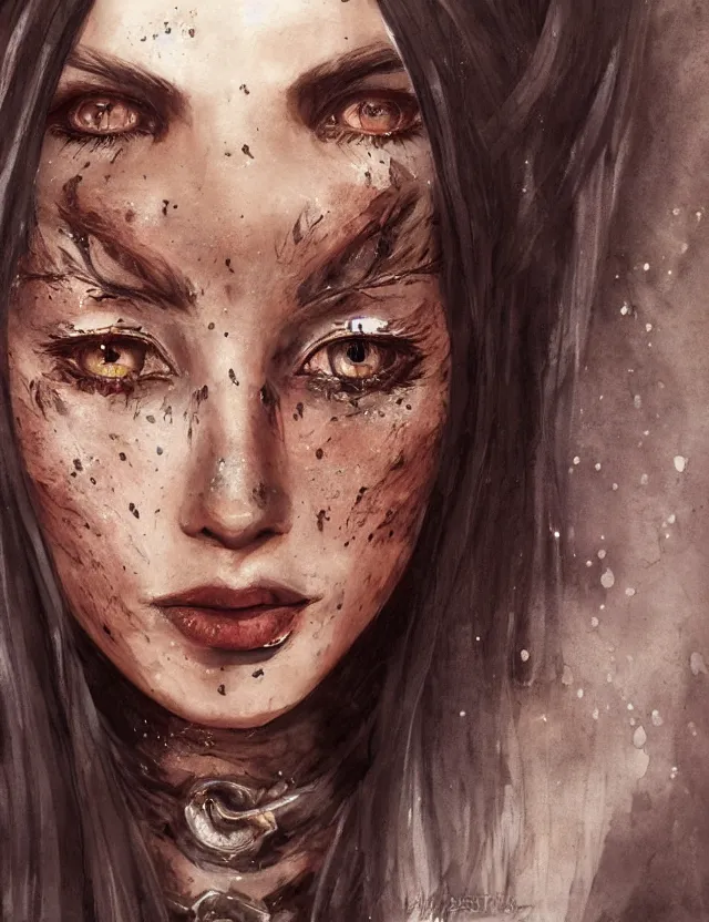 Image similar to portrait of a beautiful young sorceress from skyrim, beautiful eyes, long black hair, aquarelle, realistic painting, freckles, 2 / 4 headshot