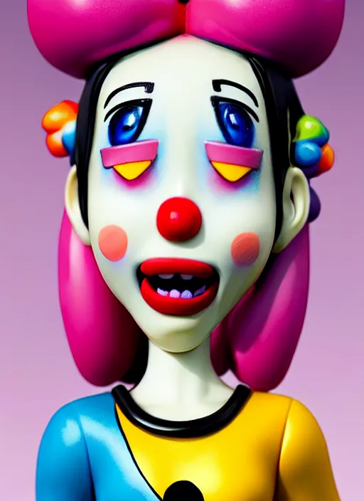 Image similar to a hyperrealistic lowbrow oil panting of a sad clown kawaii vocaloid figurine caricature with pretty sparkling anime eyes ugly crying with big tears running down her face featured on wallace and gromit by arthur szyk