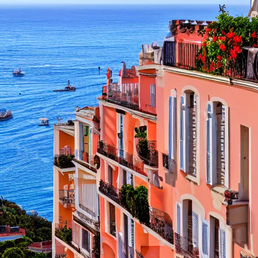 Prompt: a french building. sunset lighting. sea in the background. balconies with flowers. a terrace on the roof.