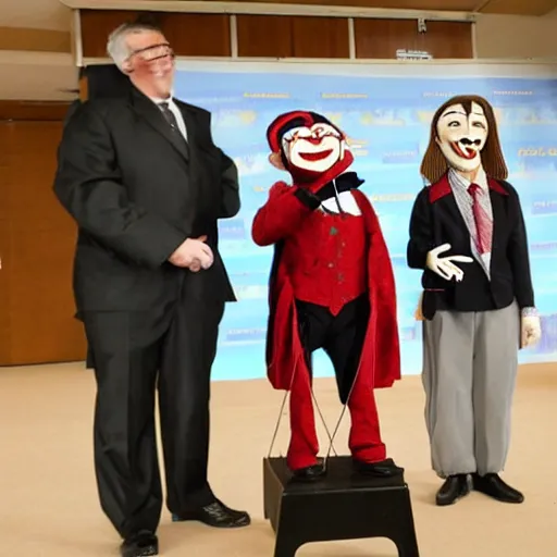 Image similar to president marionette with puppeteer in a podium giving a press conference