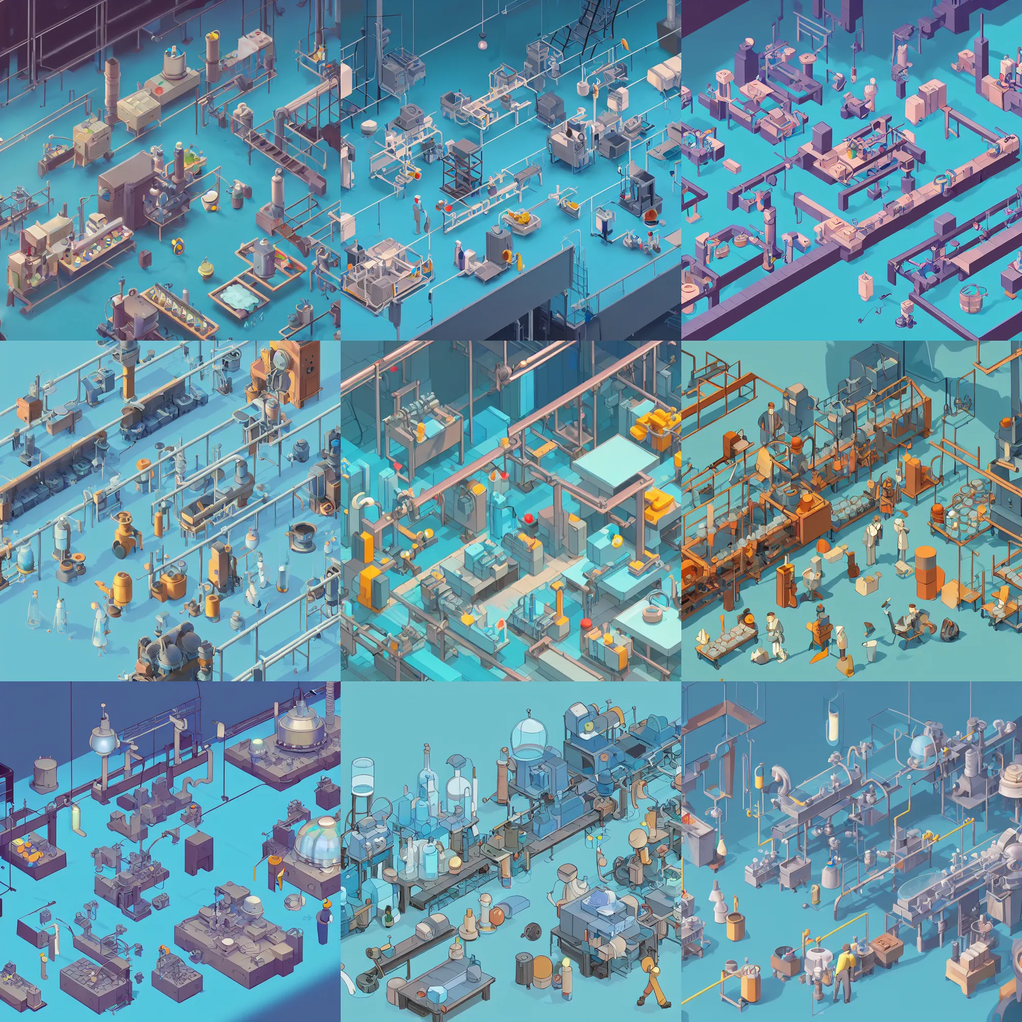 Prompt: isometric view of a production line laboratory producing magic potions, conveyor belts, gears. cartoon pixar. outdoor light blue grass. beautiful trending rtx render. cory loftis, james gilleard, studio ghibli, rim light, clear focus, very coherent