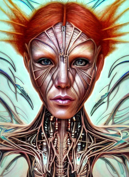 Prompt: biopunk ethereal ginger cyborg portrait by julie bell, intricate biopunk patterns, detailed!, very sharp!!!