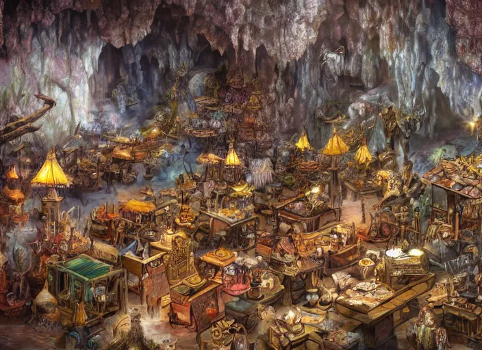 Prompt: close up view of a bustling fantasy marketplace in a large cavern by jeff darrow and moebius, earth and pastel colors, dramatic perspective, highly detailed, ultra realistic, masterpiece, 4 k, 8 k