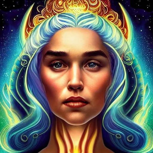 Image similar to cosmic stunning daenerys targaryen portrait with her serpent dragon of fire flame, queen of dragons, fire flaming dragon serpent, Pixar style, by Tristan Eaton Stanley Artgerm and Tom Bagshaw.