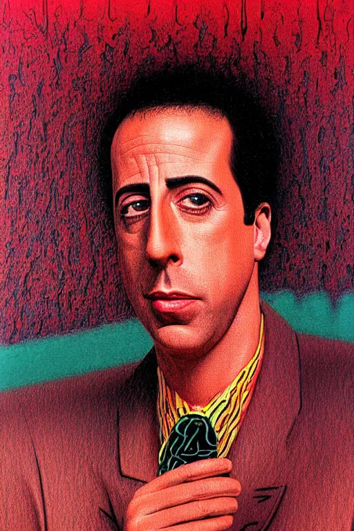 Image similar to 8 0 s art deco close up portait of jerry seinfeld, rain like a dream oil painting curvalinear clothing cinematic dramatic cyberpunk textural fluid lines otherworldly vaporwave interesting details fantasy lut epic composition by basquiat zdzisław beksinski james jean artgerm rutkowski moebius francis bacon gustav klimt