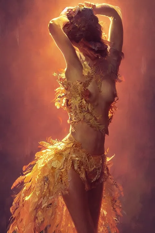 Image similar to stunningly beautiful, spanish dancer in jungle, symmetrical face, golden hour, smooth, focus, highly detailed, hyper realistic, dramatic lighting, elegant, intricate, concept art, art by wlop, mars ravelo, greg rutowski, artstation