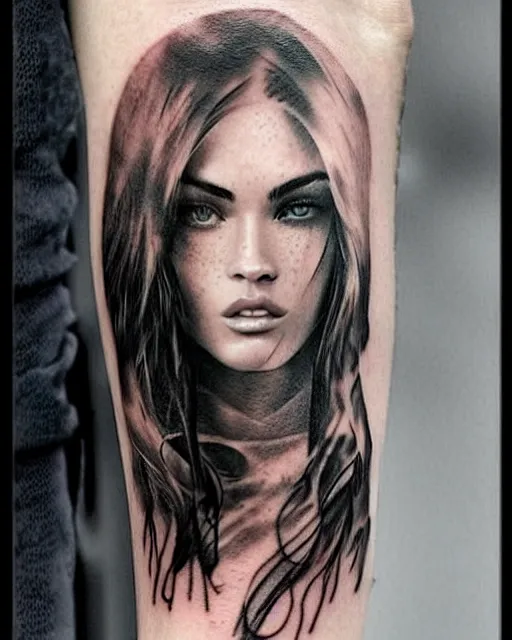 Image similar to creative double exposure effect tattoo design sketch of megan fox faded in beautiful mountain scenery, realism tattoo, in the style of matteo pasqualin, amazing detail, sharp