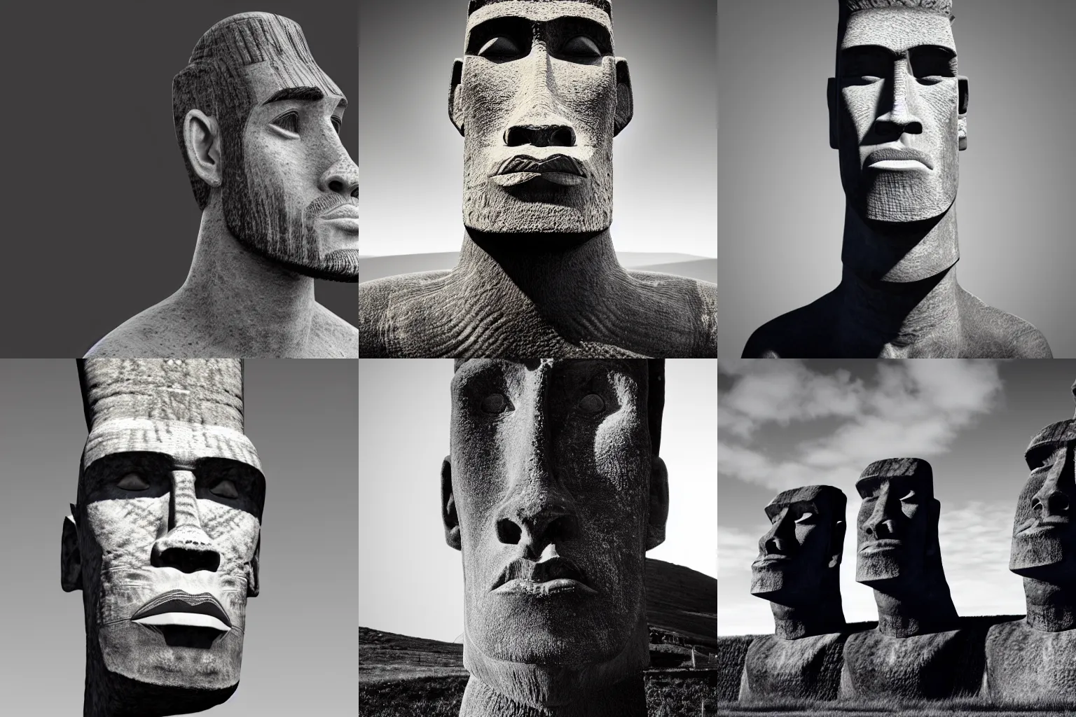 Prompt: Gigachad as an Easter Island head, Medium Shot, trending on artstation, unreal engine, artstationHQ, black and white, studio lighting, studio photo