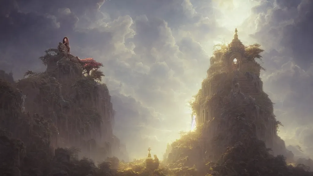 Prompt: the all - beneficent settled on the throne, rossdraws art, tom bagshaw art, ferdinand knab art, heaven lighting, highly detailed, 8 k, octane render