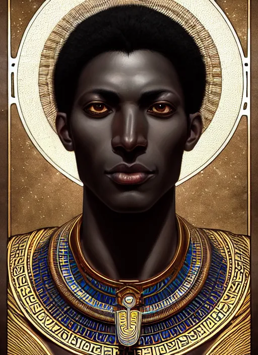 Prompt: close up portrait khonsu moon god, egyptian symbolism, dark black skin, no pupils, handsome sub - saharan african man by artgerm, cushart krenz, greg rutkowski, mucha. art nouveau. gloomhaven, pale colors, sharp edges. ultra clear detailed. 8 k. elegant, intricate, octane render