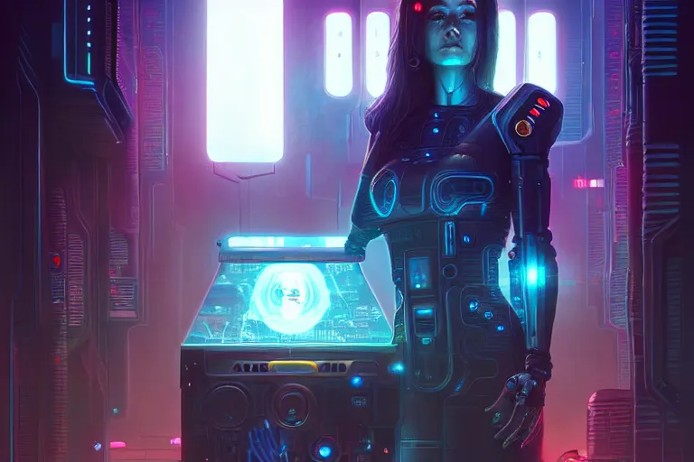 Image similar to mother ai, hearth of the machine in cyberpunk style, energy core, cybernetic shrine, robot religion, realistic shaded lighting, magali villeneuve, artgerm, rutkowski