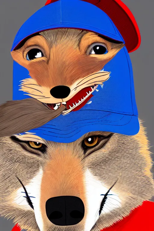 Image similar to a portrait of a stoner anthropomorphic male coyote wearing a red baseball cap and blue t - shirt, furry art, photo, hd, cinematic