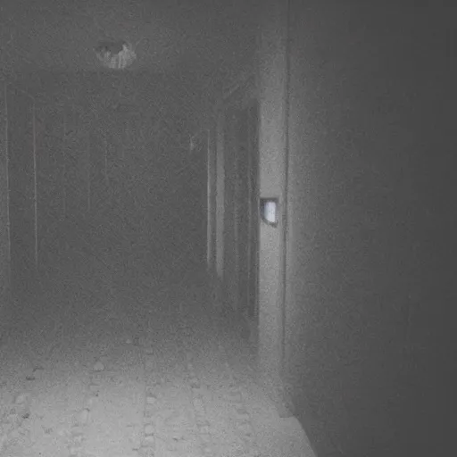 Prompt: hi - 8 night vision camera footage of a barely visible minotaur in a dark hallway