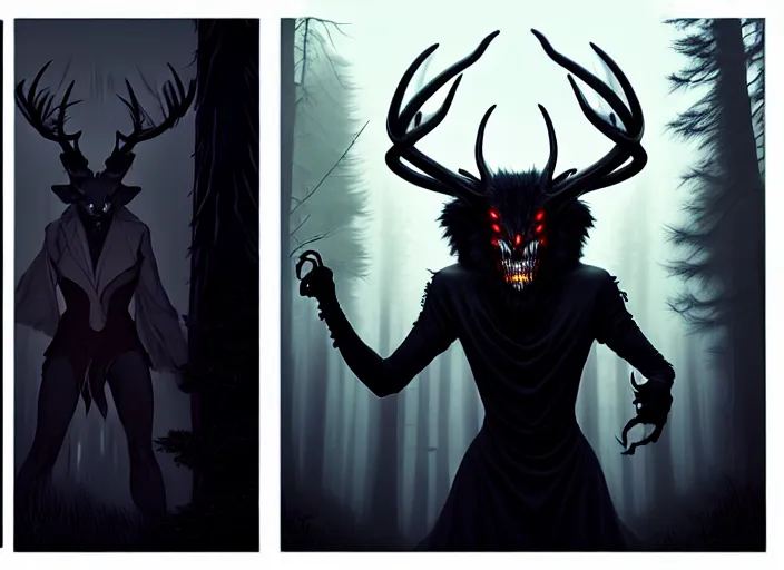 Image similar to style artgerm, joshua middleton, diego fazio, gerald brom : : scary wendigo with antlers and skull face mixed with werewolf : : [ beautiful witch wearing a black dress, symmetrical face, on the right side ] : : in the forest, detailed, dark and foggy, cinematic lighting