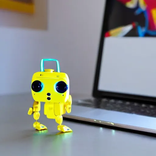 Image similar to “a cute mini robot using a laptop”