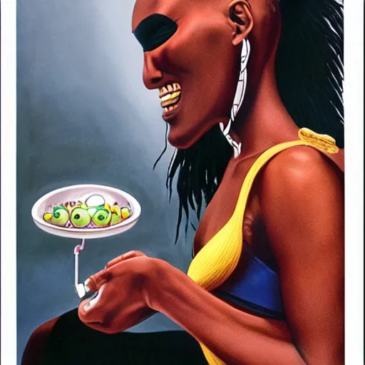 Image similar to beautiful lifelike painting of grace jones feeding her bioenhanced tamagotchi child, hyperreal detailed facial features and uv lighting, art by ed roth and basil wolverton