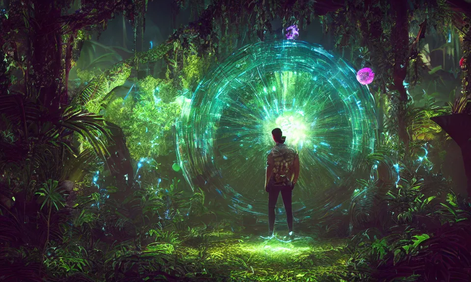 Image similar to a man standing in front of a glowing sparkling gigantic portal in a mysterious jungle, fantasy, flowery, particles, fireflies, octane render, unreal engine, artstation, digital art