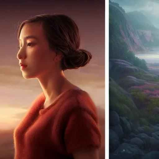 Prompt: a beautiful scenic painting by artgerm and wlop and mark romanek and spike jonze