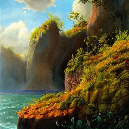 Prompt: detailed painting of a lush natural scene on an alien planet by marinus adrianus koekkoek. beautiful landscape. weird colourful vegetation. cliffs and water.