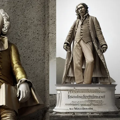 Image similar to mozart and beethoven and bach and liszt all standing next to each other, they're all statues, octane render, 8 k, highly detailed, hyper - realistic.