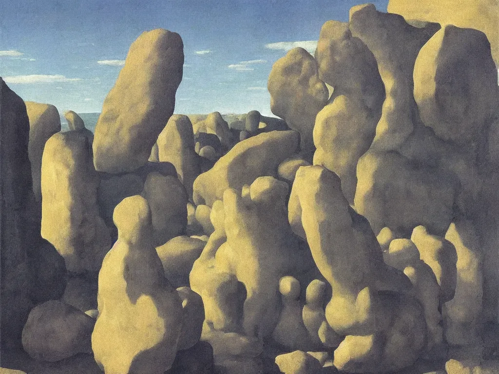 Image similar to The sentient rocks are taking revenge. long, long shadows over the man. Surreal everything: tooth an nail. Painting by Zurbaran, Rene Magritte, Jean Delville, Max Ernst, Maria Sybilla Merian