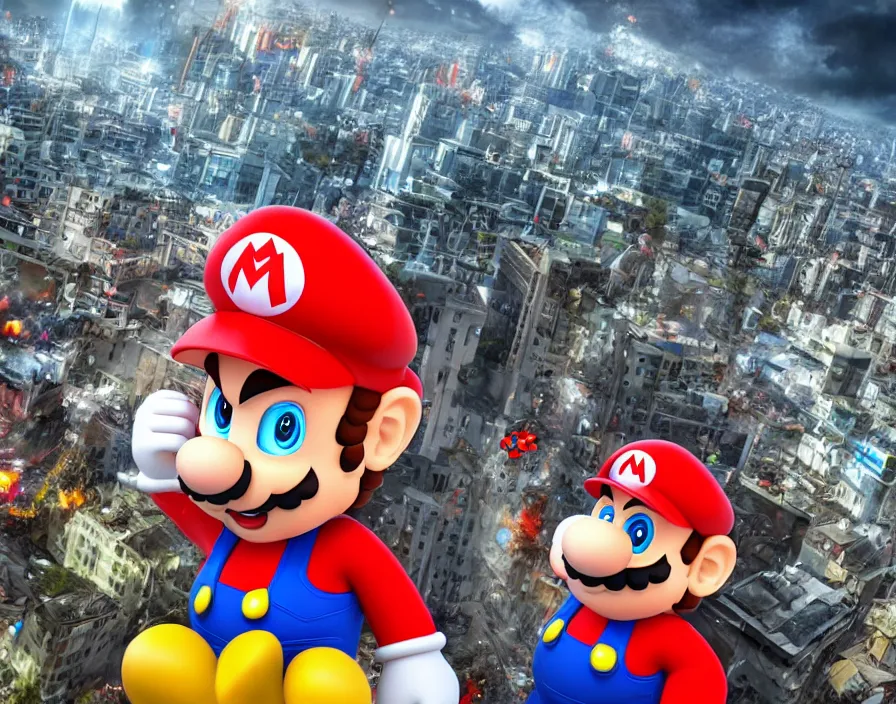 Image similar to giant mario destroying the city in japan, realistic 3 d, hd, hdr, ue 5, ue 6, unreal engine 5, cinematic 4 k wallpaper, 8 k, ultra detailed, by popular digital, details, beautiful image ever created, high resolution, artstation, award winning