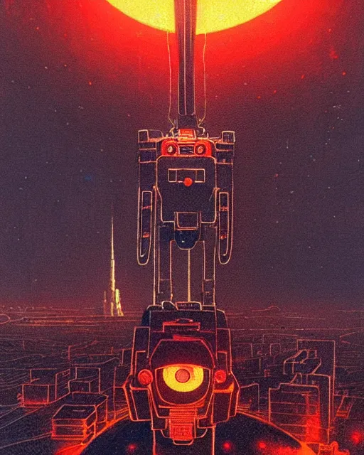 Image similar to giant robot with ominously glowing red eyes stands on top of city that is on fire, concept art, intricate details, highly detailed, in the style of chris foss, rodger dean, moebius, michael whelan, and gustave dore