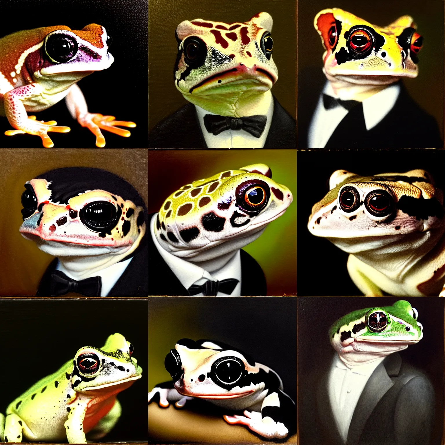 Prompt: a head - and - shoulders portrait of an amazon milk frog wearing a black tuxedo looking off camera, an american romanticism painting, oil on canvas, cgsociety, soft focus