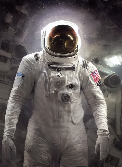 Prompt: concept art by craig mullins astronaut in futuristic dark and empty spaceship underwater selfie! infrared glowing lights. complex and hyperdetailed technical suit. reflection and dispersion materials. rays and dispersion of light. volumetric light. 5 0 mm, f / 3 2. noise film photo. flash photography. unreal engine 4, octane render. interstellar movie art