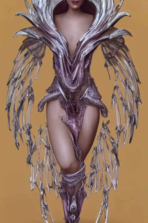 Image similar to a highly detailed 4 k render of a beautiful angel alien goddess bella hadid in iris van herpen dress schiaparelli in diamonds in style of alphonse mucha trending on artstation made in unreal engine 4