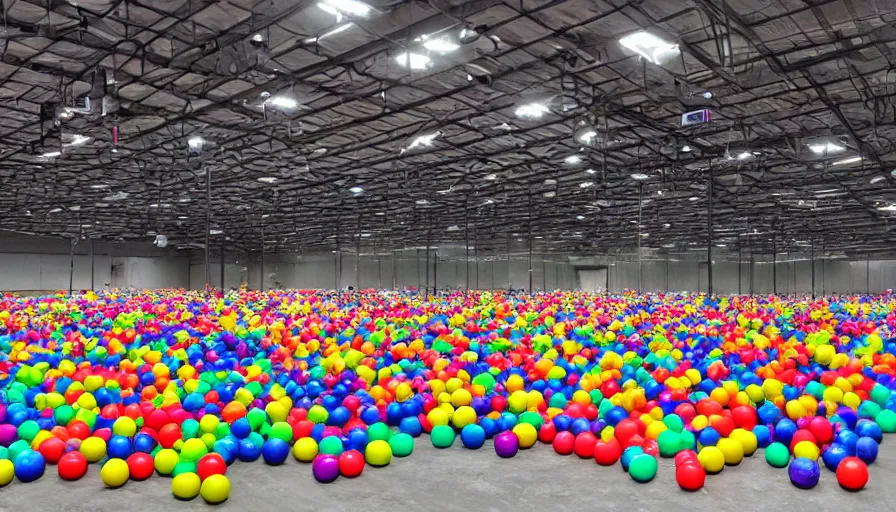 Image similar to an empty warehouse, in the middle is an inflatable kiddie pool filled with colorful plastic balls, grainy photo, liminal space