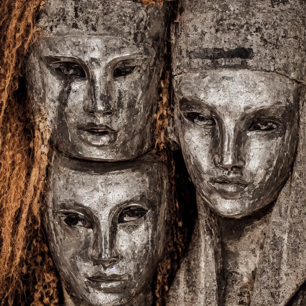 Image similar to highly detailed portrait photography steered gaze of a stern face, wearing a chrome venetian mask, in autumn, 105mm f2.8 at the Giza Pyramid