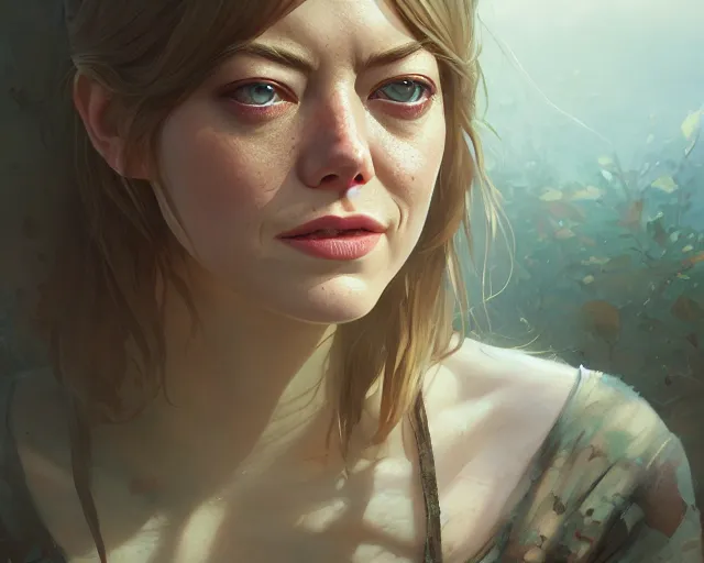 Image similar to highly detailed portrait of emma stone, in the walking dead, stephen bliss, unreal engine, fantasy art by greg rutkowski, loish, rhads, ferdinand knab, makoto shinkai and lois van baarle, ilya kuvshinov, rossdraws, tom bagshaw, global illumination, radiant light, detailed and intricate environment