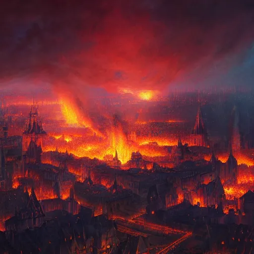 Image similar to medieval kingdom brightly burning in flames as seen from the sky, digital art, highly detailed, dark colours, 8 k, intricate, moody lighting, by greg rutkowski