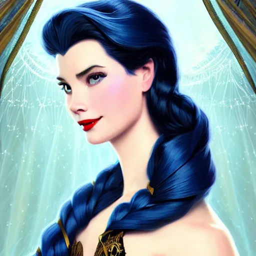 Prompt: Grace Kelly with Dark Blue Hair as Elsa from Frozen, western, D&D, fantasy, intricate, elegant, highly detailed, digital painting, artstation, concept art, matte, sharp focus, illustration, art by Artgerm and Greg Rutkowski and Alphonse Mucha