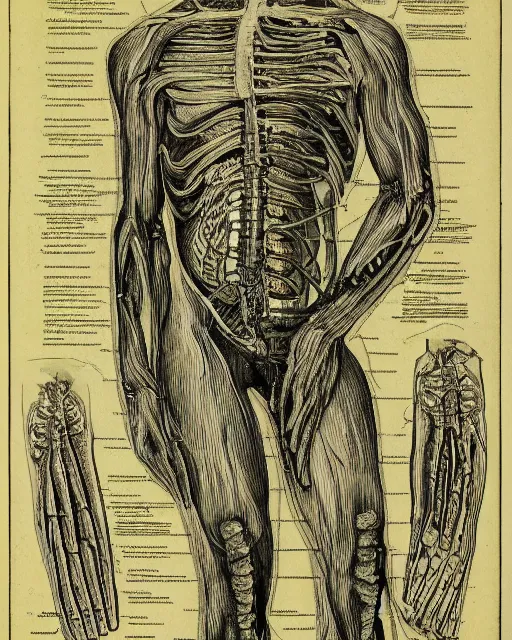 Prompt: a print of a medical textbook diagram of a mutated humanoid by max klinger, extremely detailed, 4 k, etching