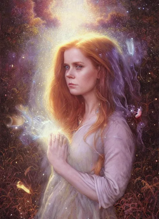 Image similar to Amy Adams staring into the camera, misty wisps, fireflies, Lilia Alvarado, Sophie Anderson, Mark Arian, Bob Byerley, Charlie Bowater, Mark Brooks, Steve Henderson, Justin Gerard, Arthur Hughes, Edward Robert Hughes, Mark Keathley, Victor Nizovtsev, Carlos Shwabe, Ross Tran, WLOP