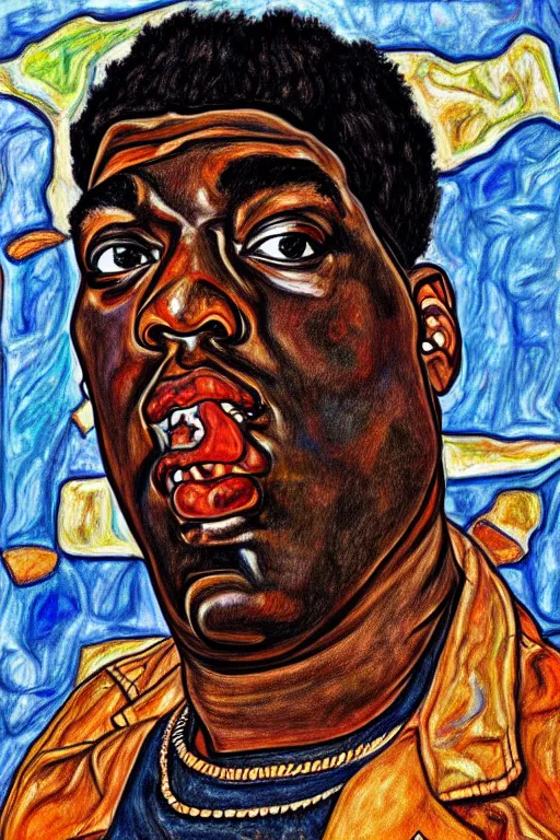 Image similar to a portrait of biggie small in style of egon schiele, masterpiece, hyperdetailed, complex, intricate, 4 k, trending on artstation