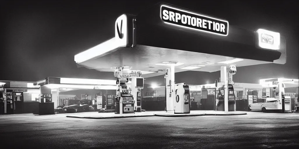 Image similar to “hyper realistic gas station, neon, fog, atmospheric lighting, neon glow, full of colour, photorealistic, award winning photography”