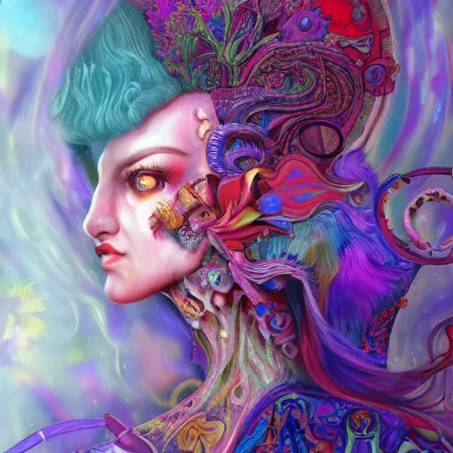 Image similar to An extremely psychedelic portrait of Alice , in wonderland , surreal, LSD, face, detailed, intricate, elegant, lithe, highly detailed, digital painting, artstation, concept art, smooth, sharp focus, illustration