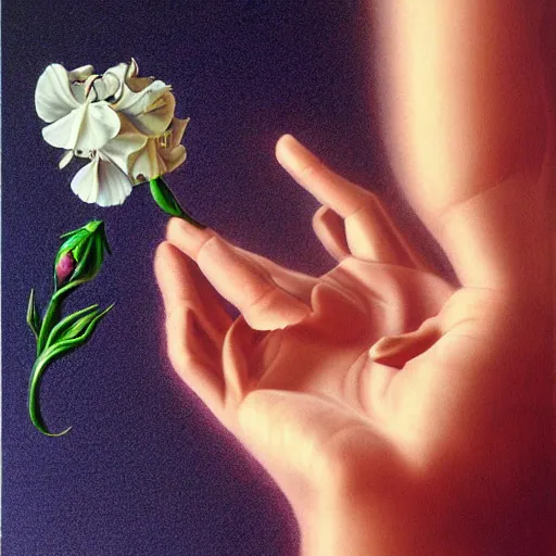 Image similar to a man's hand holding a flower, surreal, art by peter lloyd, 1 9 8 0's art, airbrush style, art by hajime sorayama,, intricate, elegant, sharp focus, illustration, highly detailed, h 8 0 0