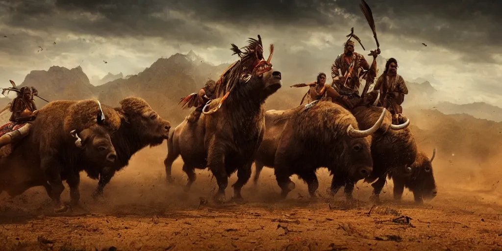 Image similar to indian tribe on wood ATV attacking bisons, action scene, an epic western, dramatic lighting, cinematic, establishing shot, extremely high detail, photorealistic, cinematic lighting, artstation, octane render, old photo, buffalo hunt movie, alpha movie, western