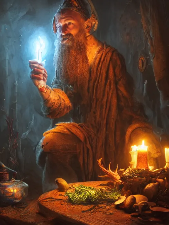 Prompt: fine painting of a wizard from an ancient culture with mushrooms growing from his body, candlelight, 8 k, ultra realistic, lens flare, atmosphere, glow, detailed, intricate, full of colour, cinematic lighting, trending on artstation, 4 k, hyperrealistic, focused, extreme details, unreal engine 5, cinematic, masterpiece