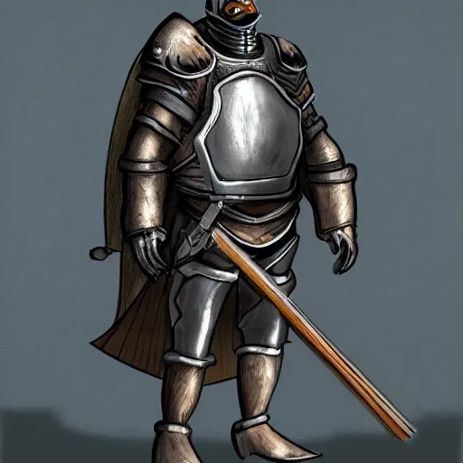 Image similar to photorealistic drawing of a penguin wearing a medieval armor, high quality, 8 k quality