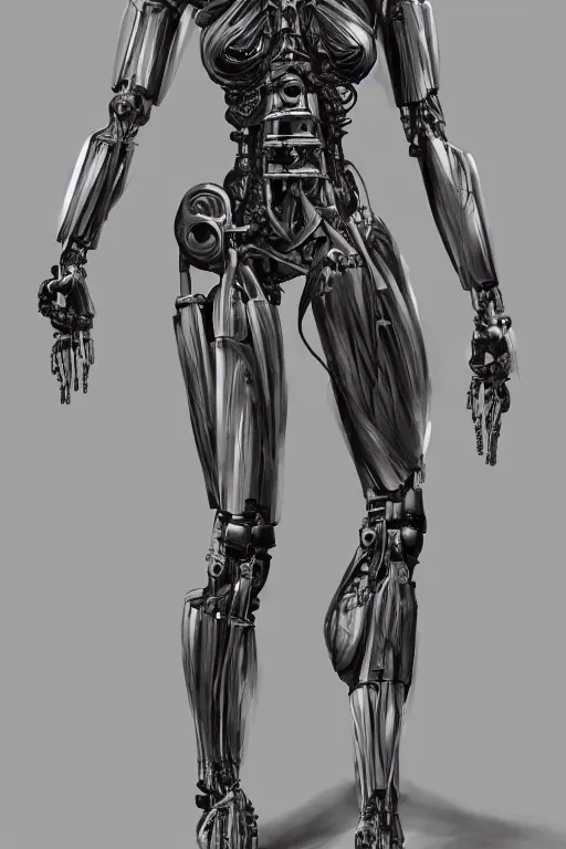 Prompt: full body female human anatomy concept, medical anatomy, cybernetic implants, gun metal grey, mecha limbs, muscular system reference, terminator tx, anatomical art, digital art, in the style of aaron sims, amanda lilleston, luka mivsek, bryan christie, ranjit ghosh, artstation, pinterest, deviantart, photoshop, octane render, unreal engine