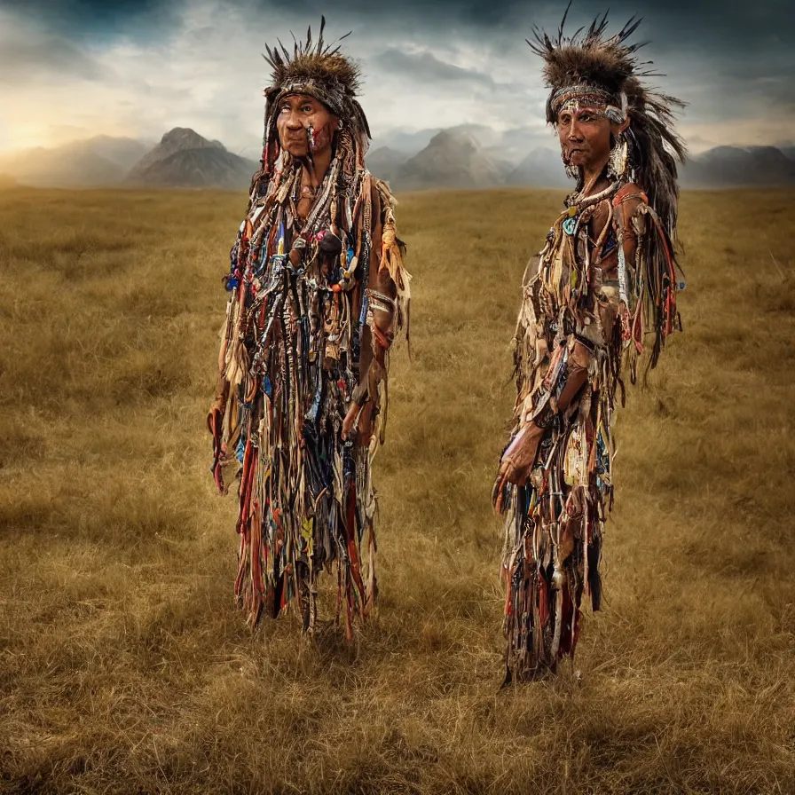 Prompt: extremely detailed award winning national geographic full body portrait photography from ancient tribal shaman multiple from different cultures all over the world. 64megapixel. Realistic render. Landscape background what is slightly blurry and windy.