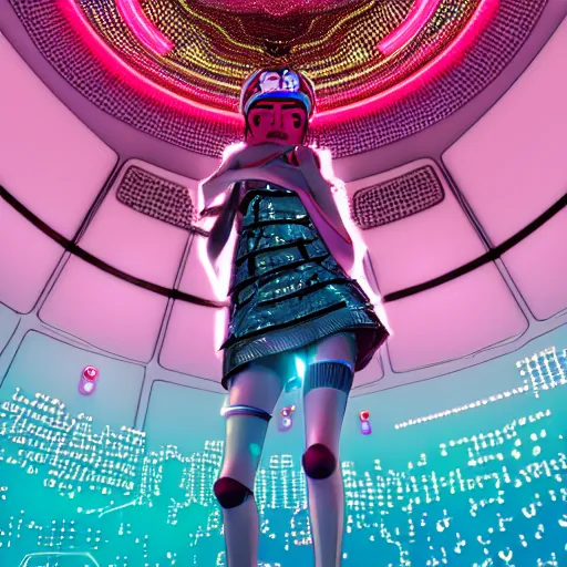 Image similar to a kawaii puerto rican goddess staring through the mothership of your souls, wearing a headpiece made of circuit boards and empathy machines, by alastair reynolds, ilya kuvshinov and stanley kubrick, pink, trending on artstation, cinematic, 3 d render, photorealistic